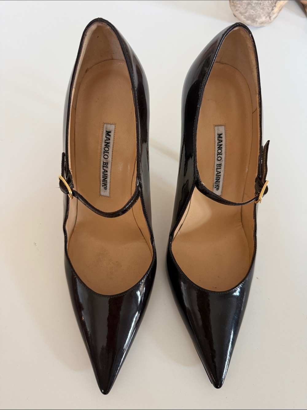 Manolo Blahnik Burgundy Patent Mary Jane Pointed Pumps with Gold Buckle